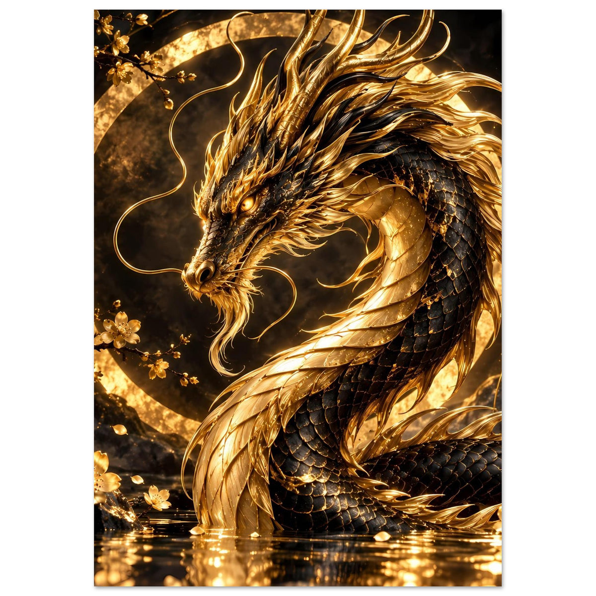 Poster mit goldener Drachenkopf- und Schuppenansicht, Flammenmähne und Spiralornamenten