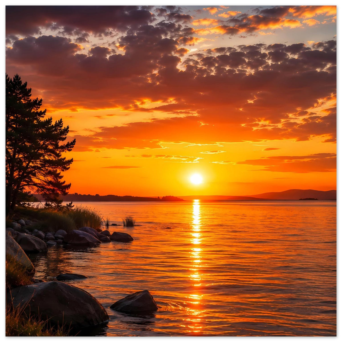 Poster Sonnenuntergang über See, orange Wolken, Lichtbahn auf dem Wasser und Steinen