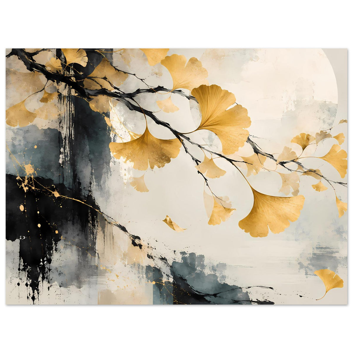 Kunst-Poster im Querformat: goldenes Ginkgoblatt, schwarze Äste und Aquarell mit dunklen Farbverläufen