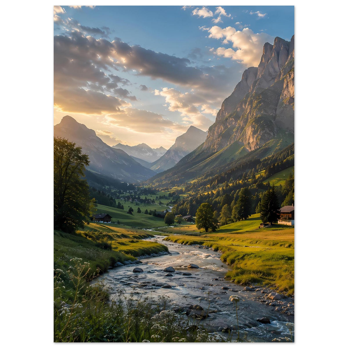 Vertikales Poster mit Alpenlandschaft und Fluss im Abendlicht, Berge, Wiesen und Bäume.