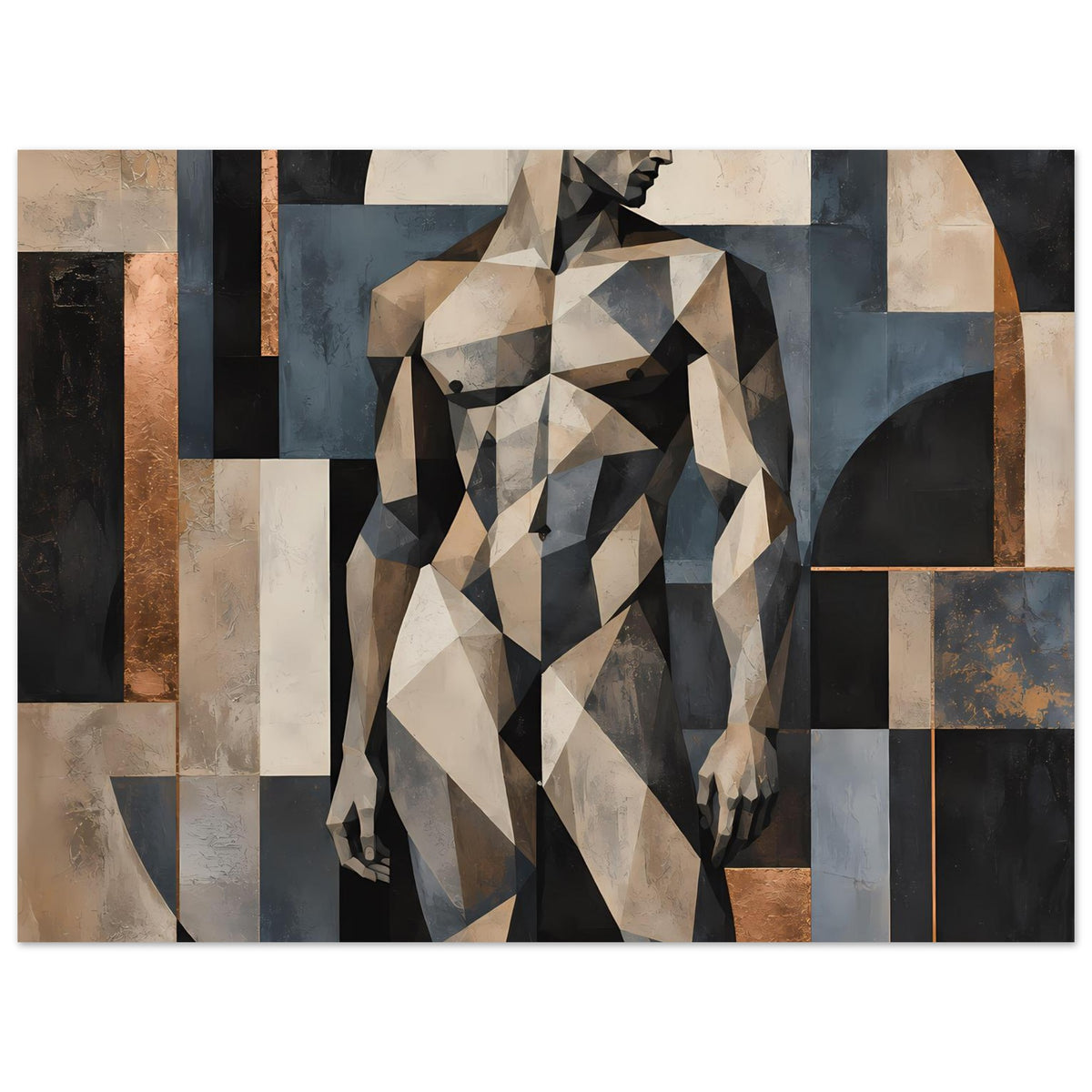 Kunstposter mit geometrischer Aktfigur, zentriert, warmes Beige und Blau-Grau, kontrastreiche Dreiecke
