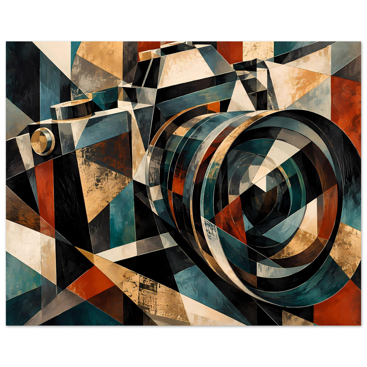 Geometrisches Retro-Kamera-Poster, Fokus auf Kreisring-Optik und geometrische Flächen in Petrol