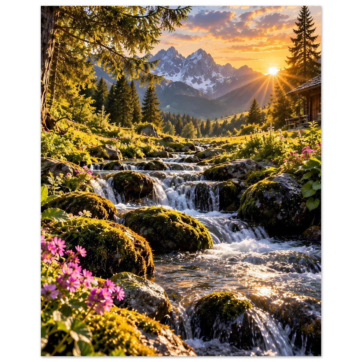 Poster im Hochformat mit Bachlauf, Wasserfällen, Bergen und Holzhaus rechts
