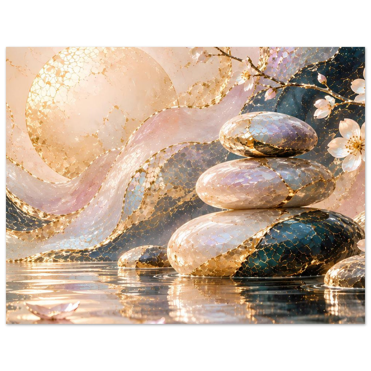 Horizontales Poster: gelb-gold schimmernde Steine auf Reflexionen, abstraktes Wellenmotiv