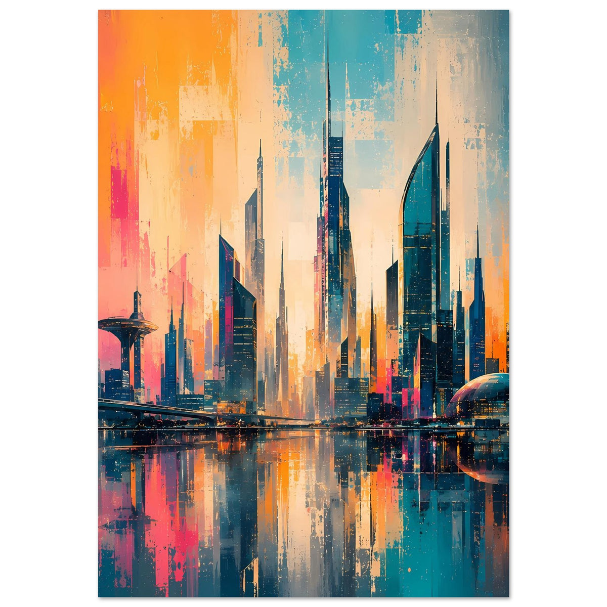 Vertikales Stadtbild-Poster: futuristische Skyline, kräftige Pink- und Blautöne