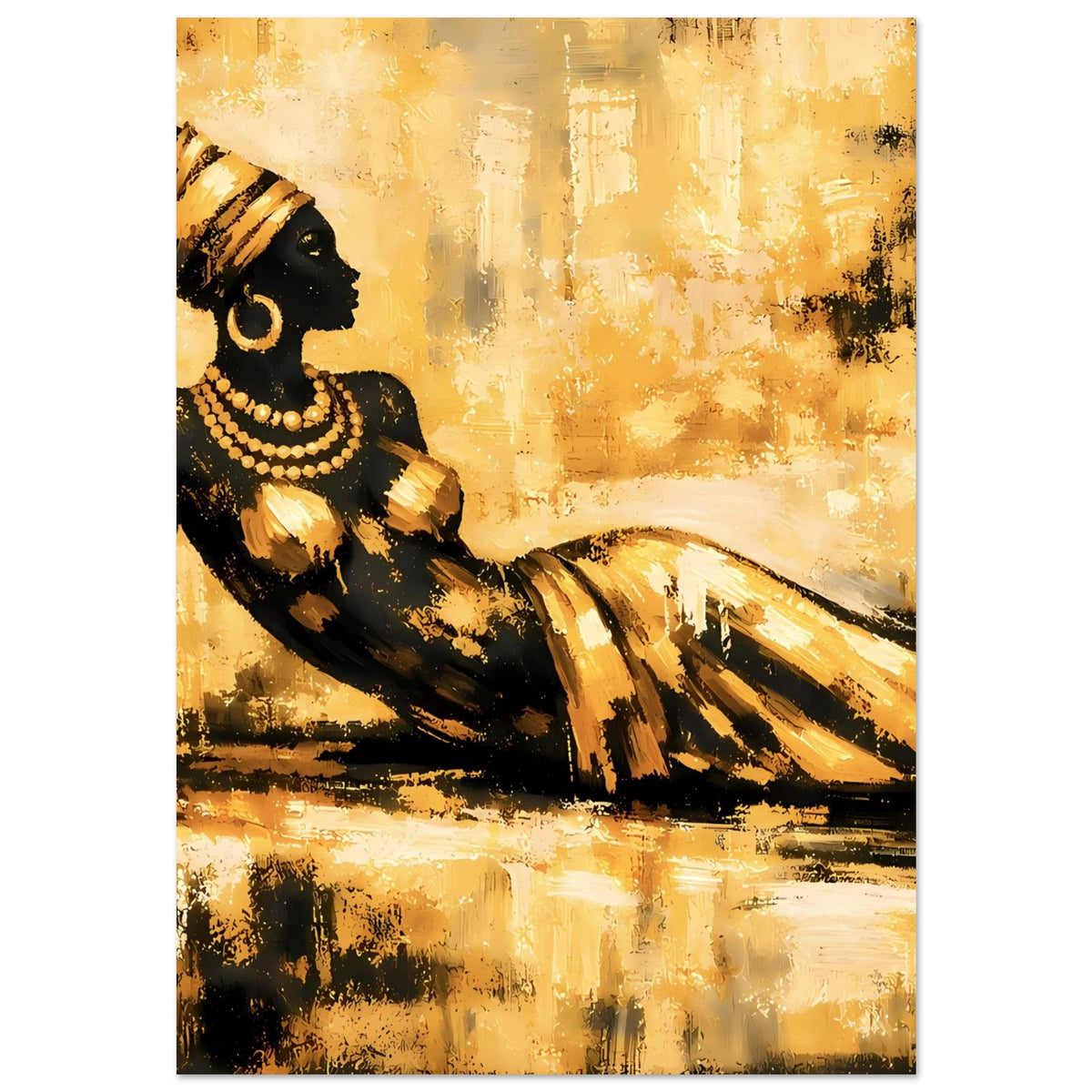 Kunst-Poster im Hochformat: Frau in Schwarz mit goldener Halskette, dekorative Pinselstruktur.
