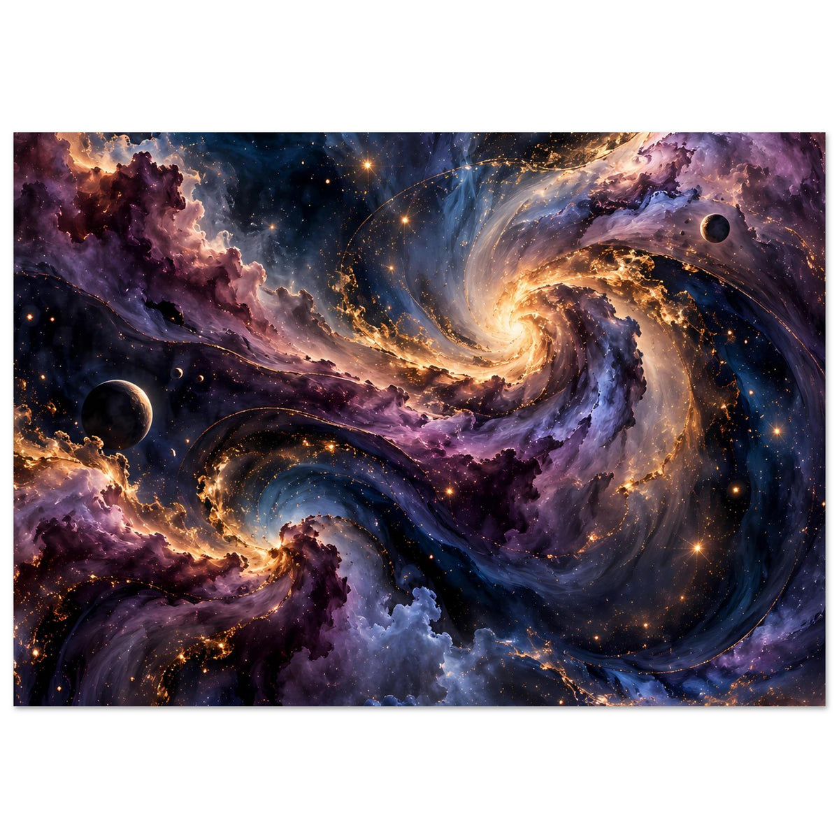 Weltraum-Poster mit Spiralnebel, violett-blauen Wolken und leuchtenden Partikeln, mit schwarzem Rand