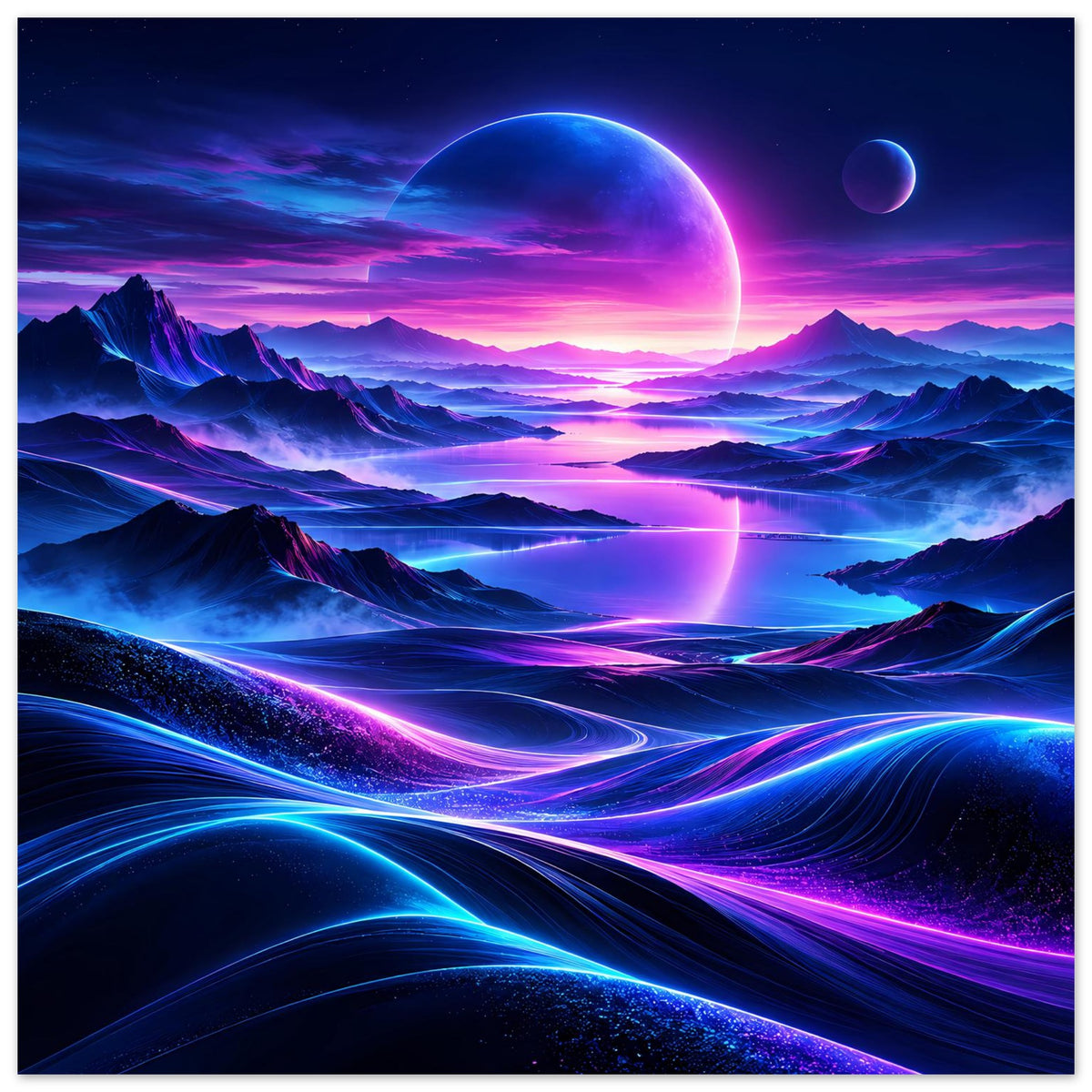 Neon-Weltraum-Poster: leuchtende Planetenränder, blaue-violette Lichtspuren und Berglandschaft
