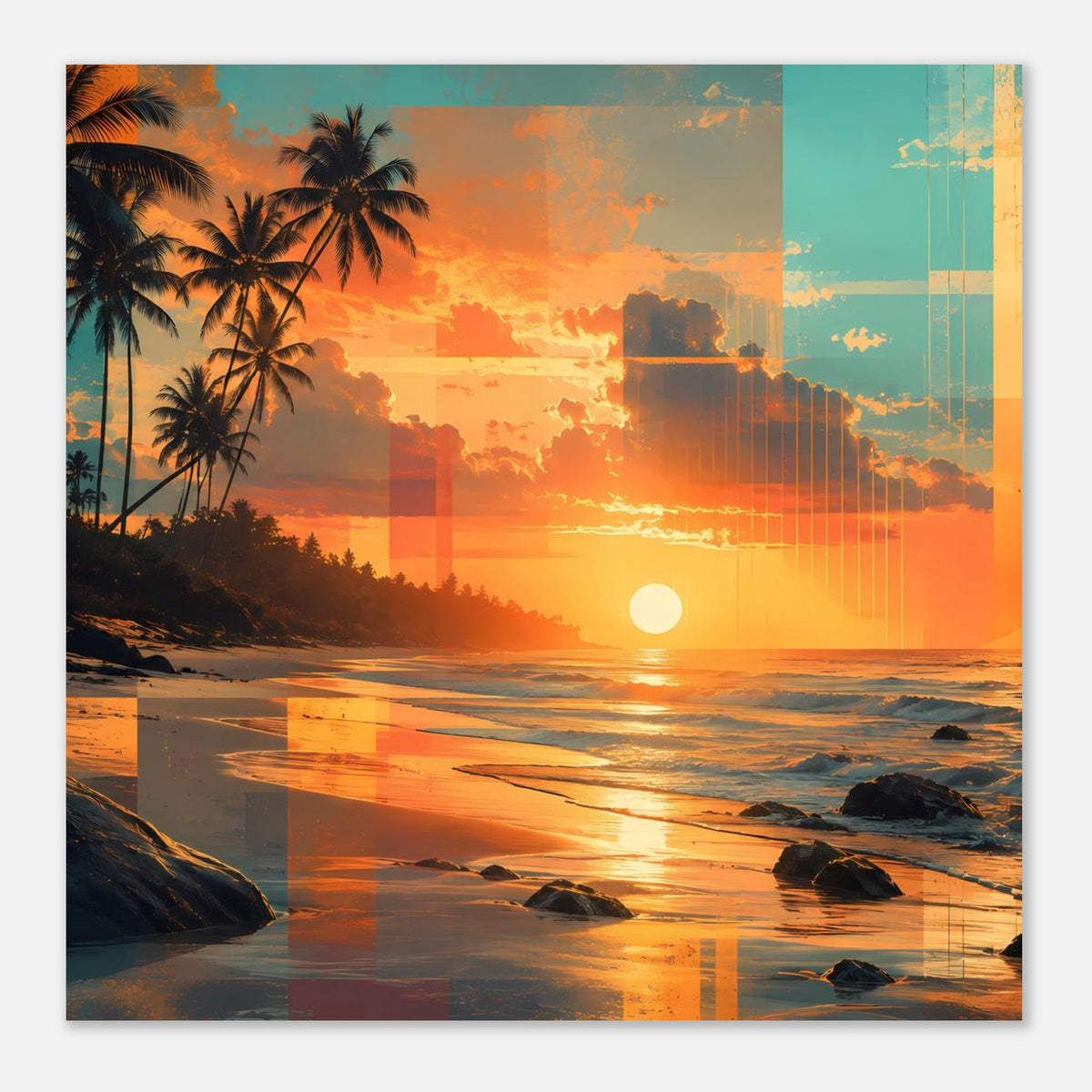 Strandposter im Hochformat mit Palmen, orangefarbenem Himmel und Sonne über dem Meer