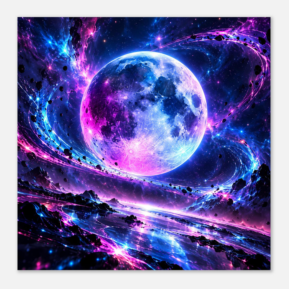 Quadratisches Galaxie-Poster: blau-violetter Planet, Sternenstaub und farbige Nebelschleifen