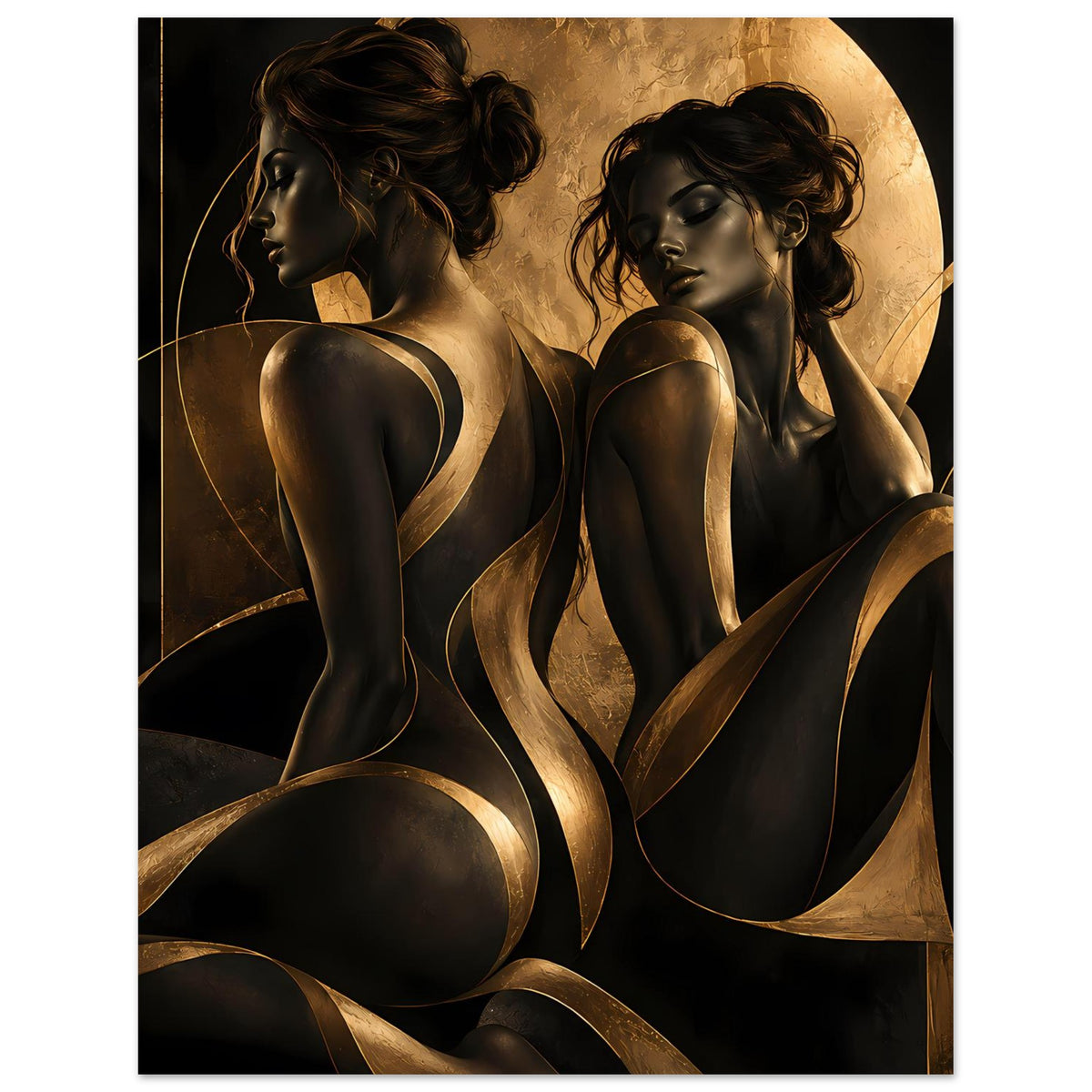 Kunstposter mit zwei Akt-Silhouetten in Schwarz und Gold, Fokus auf Oberkörper und Arme