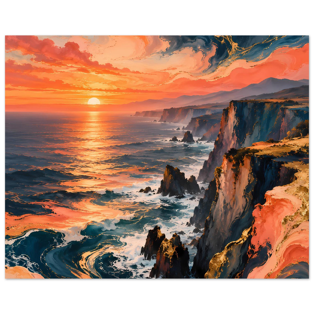 Landschafts-Poster Steilküste im Sonnenuntergang, kräftige Blau-, Orange- und Rosetöne