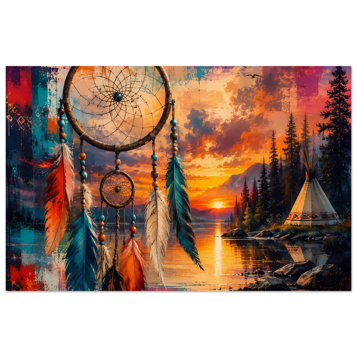 Boho-Poster mit Traumfänger-Relief, bunten Federn und Sonnenuntergang am ruhigen See