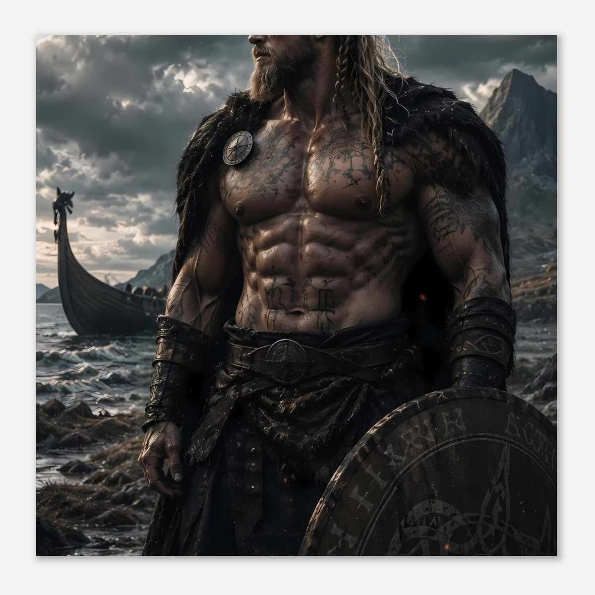 Fantasy-Vikingerkrieger-Poster: Krieger mit Schild und Umhang, bärtiges Gesicht, tätowierter Oberkörper
