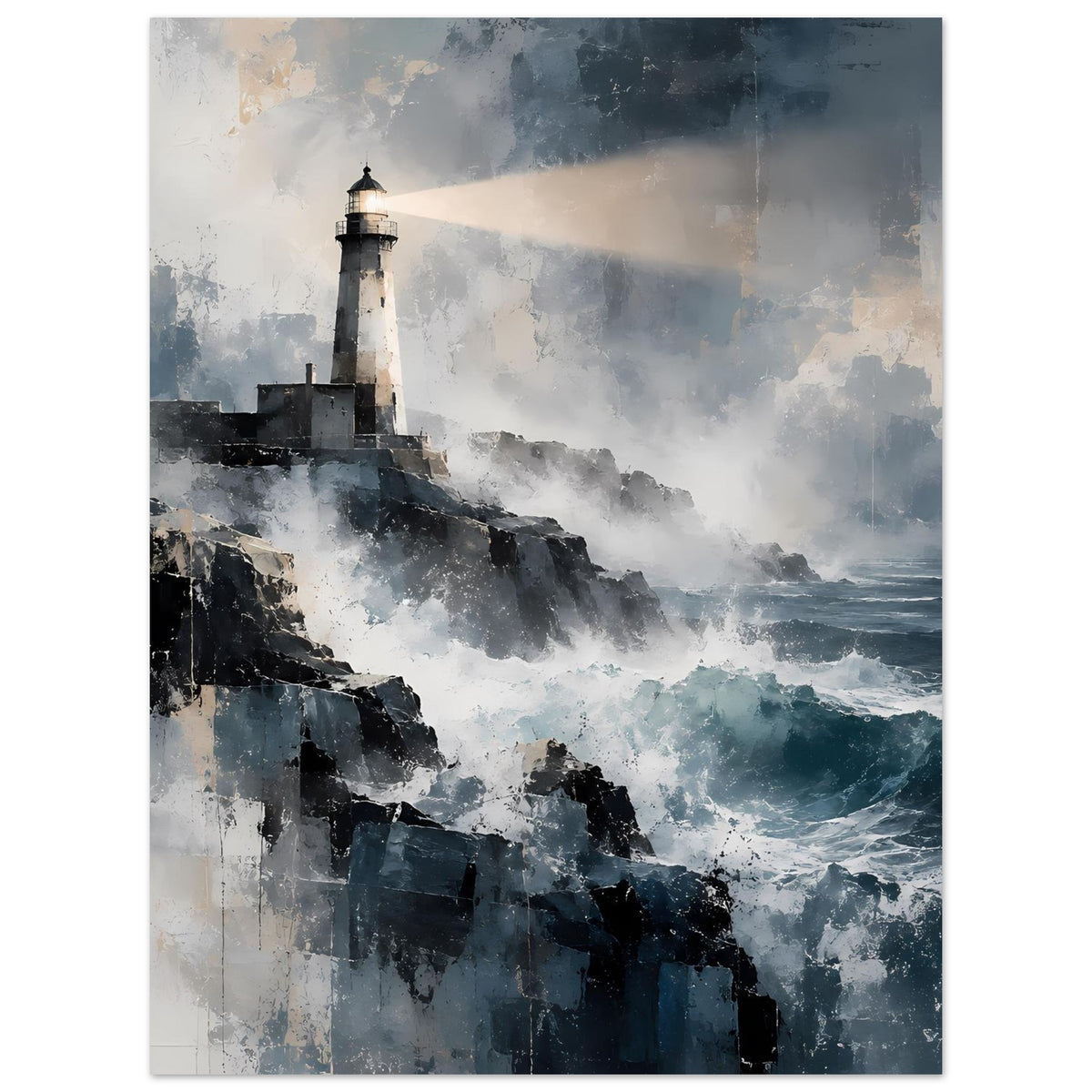 Maritimes Poster im Hochformat mit Leuchtturm, Klippen und Wellen in Blau