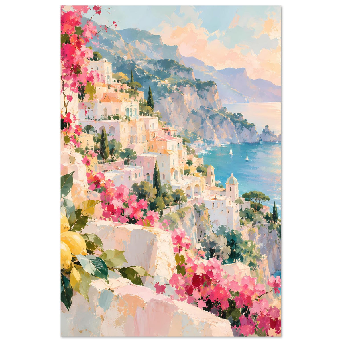 Mediterranes Küstenstadt-Poster im Vertikalformat, pinke Blumen am Felsen, Meer