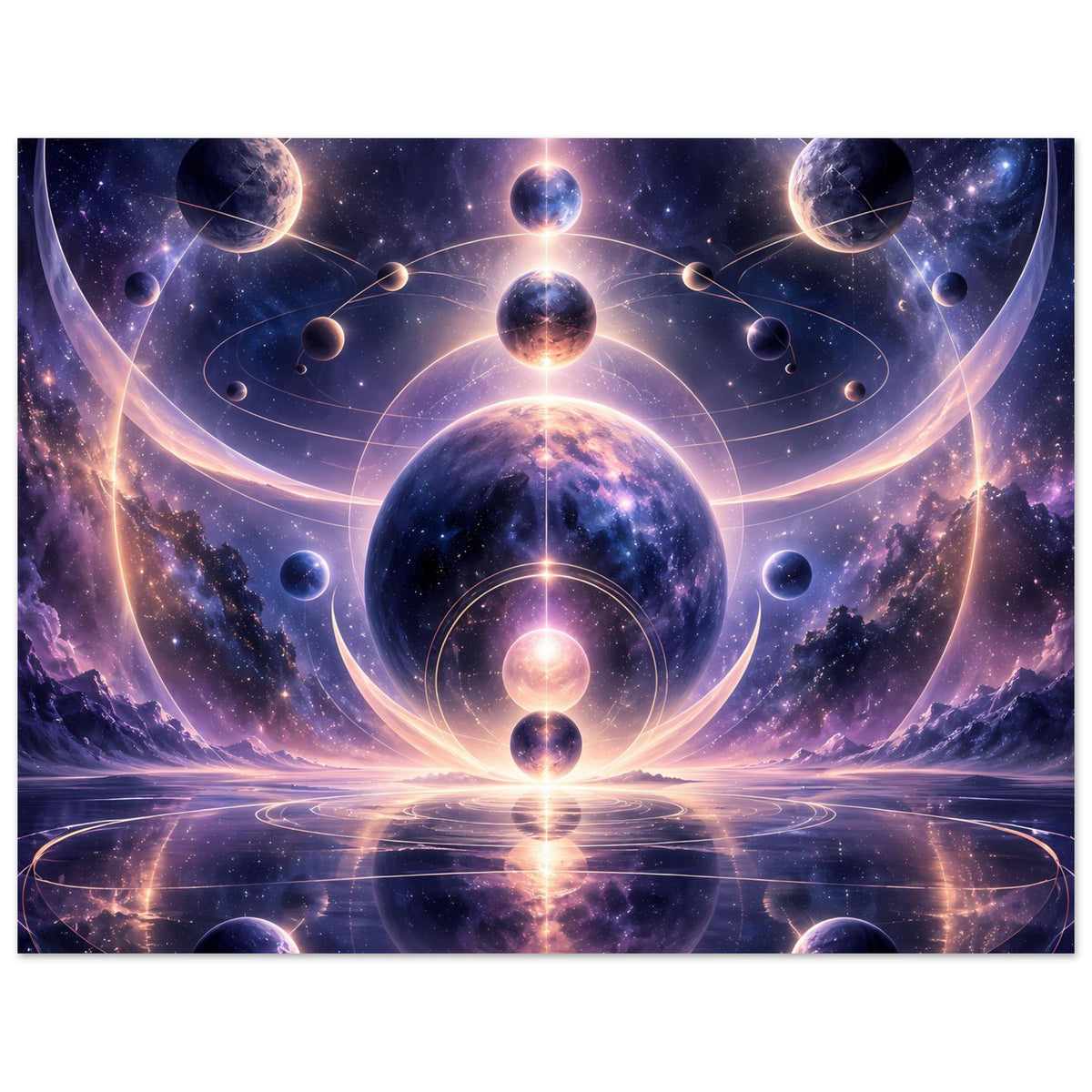 Poster mit kosmischem Motiv in violettblauen Tönen: zentrale Kugel, Sterne und leuchtende Bahnen.