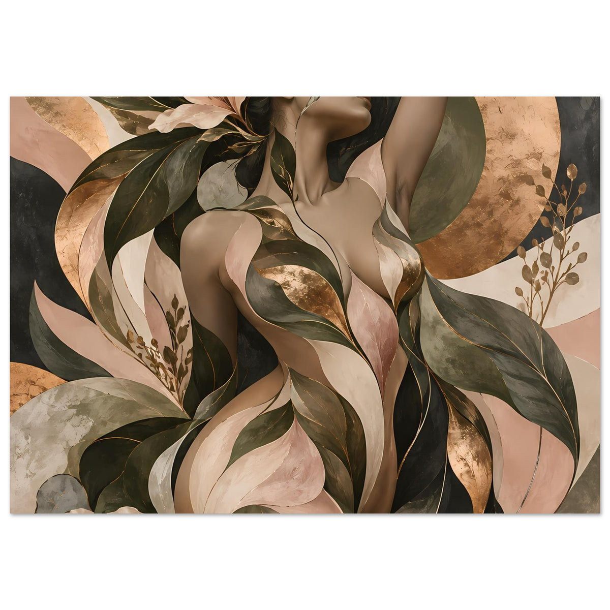 Poster mit Frauenakt im Profil, Arm erhoben, Blatt- und Blumenmotive in warmen Farben