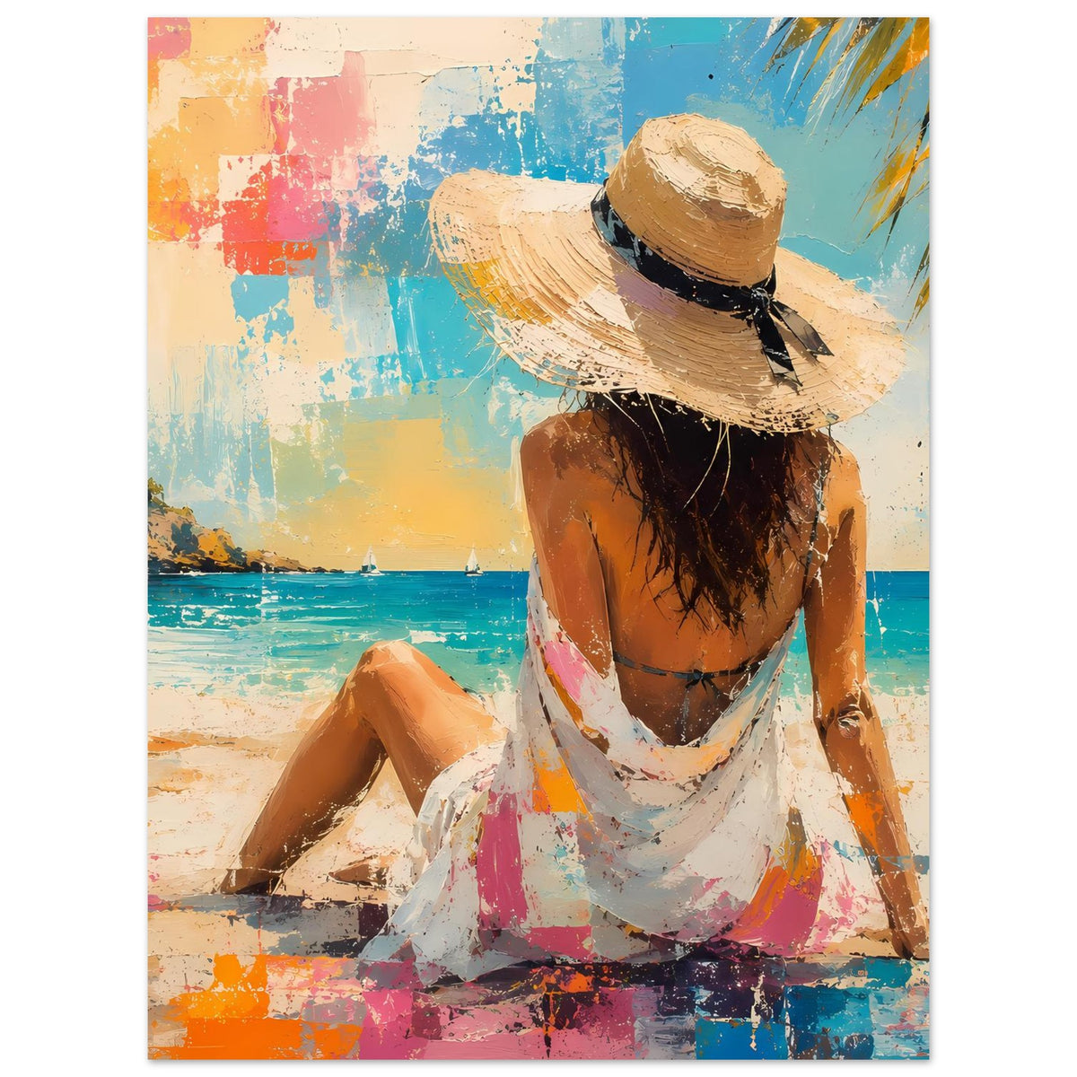 Sommerposter mit Frau im Strohhut, Rückenansicht, sitzend am Strand