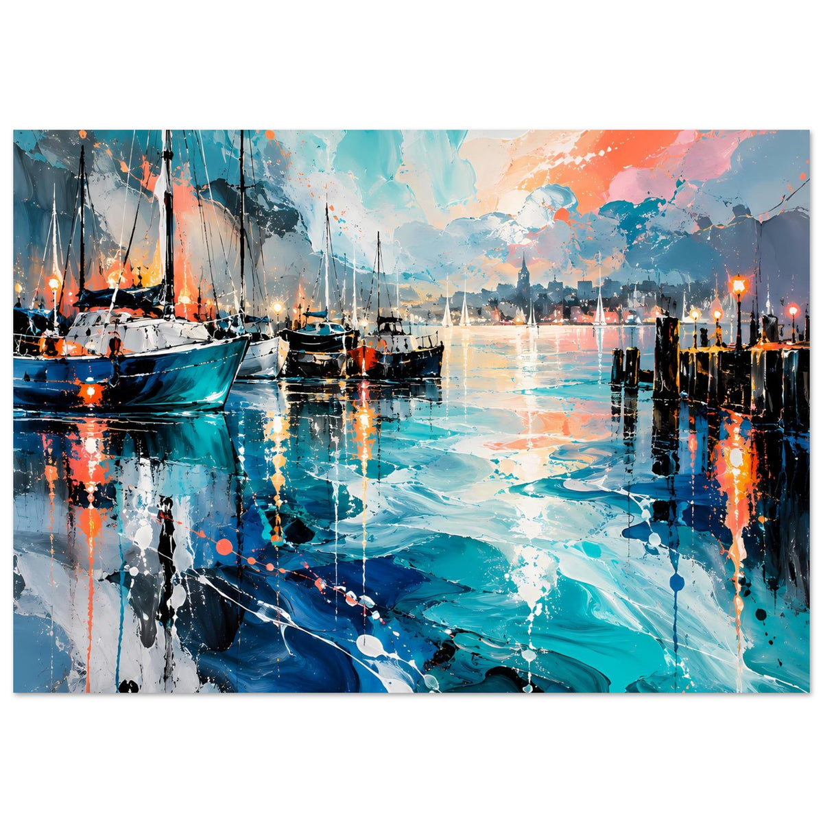 Querformat-Poster mit farbenfroher Hafenillustration, viele Boote, Lichtreflexe auf Wasser