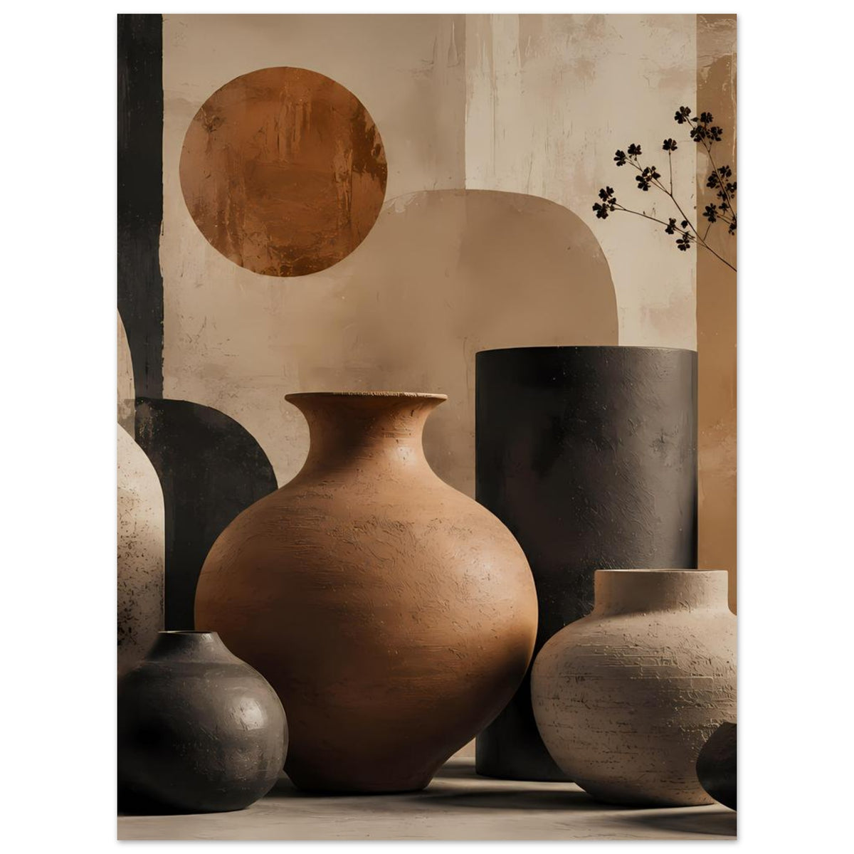 Poster mit Keramikvasen, zentral große bauchige Vase in Terrakotta