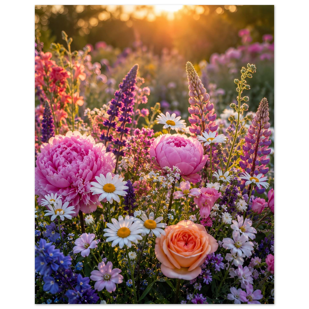 Blumenmeer-Poster mit rosa Pfingstrosen, orange Rose und vielen bunten Blüten