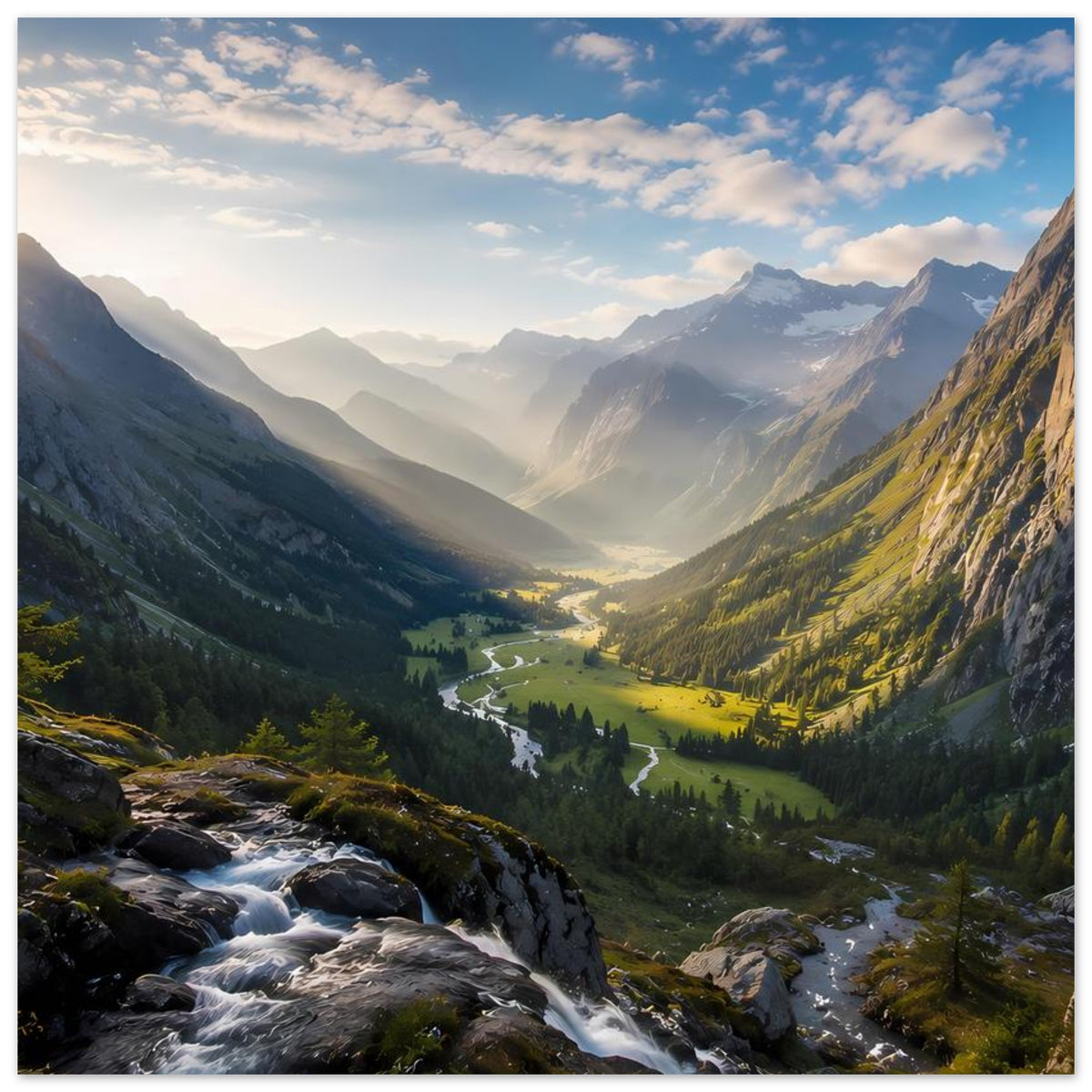 Poster im Querformat: Bergtal mit Fluss, Wiesen und warmem Licht