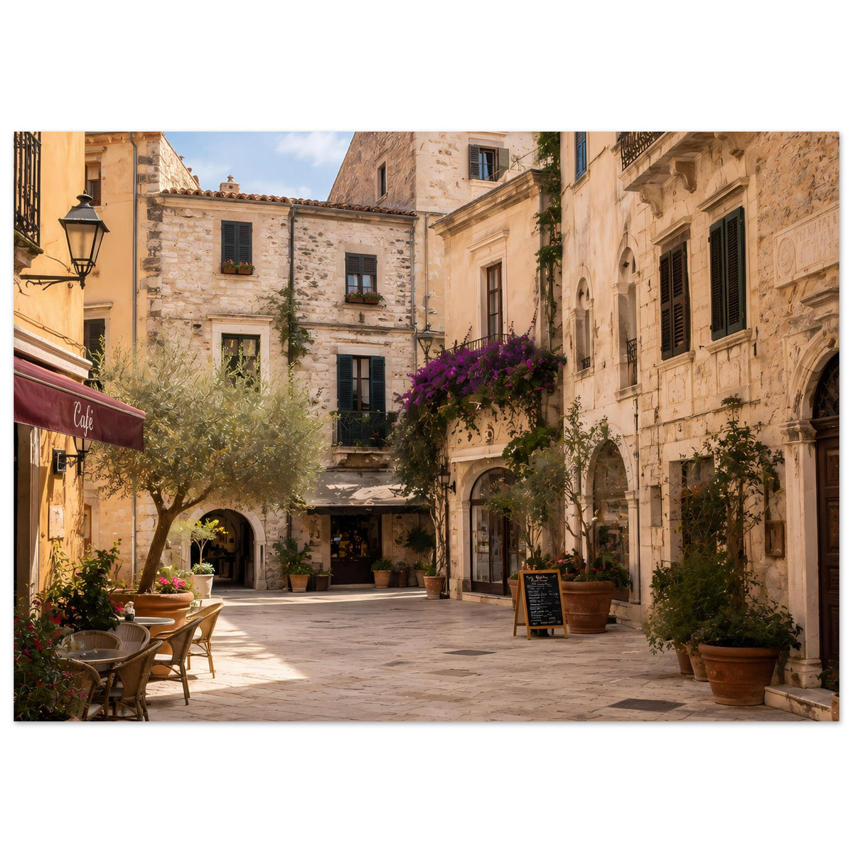 Wandposter einer mediterranen Straße mit Steinfassaden, begrünten Ecken, lila Blumenbusch