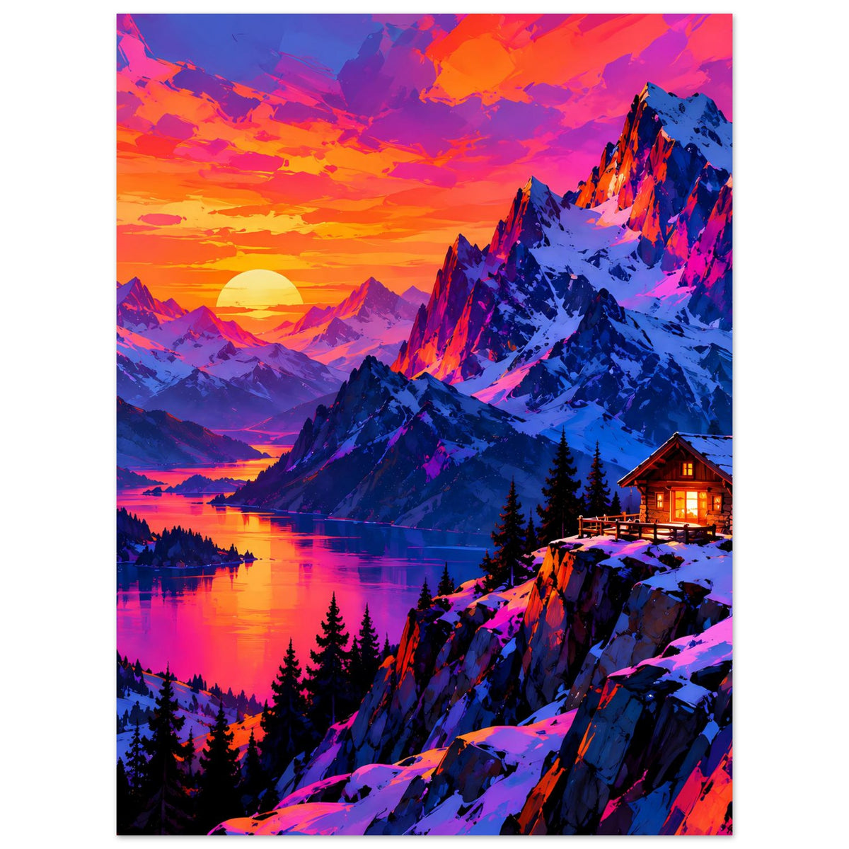 Hochkant-Poster mit Bergsee, Winterbergen, orangegelber Sonne und farbintensivem Himmel