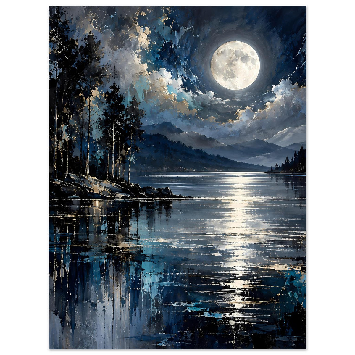 Landschaftsposter, vertikal: nächtliches Ufer mit Tannen, Vollmond und blauem Licht im Wasser.