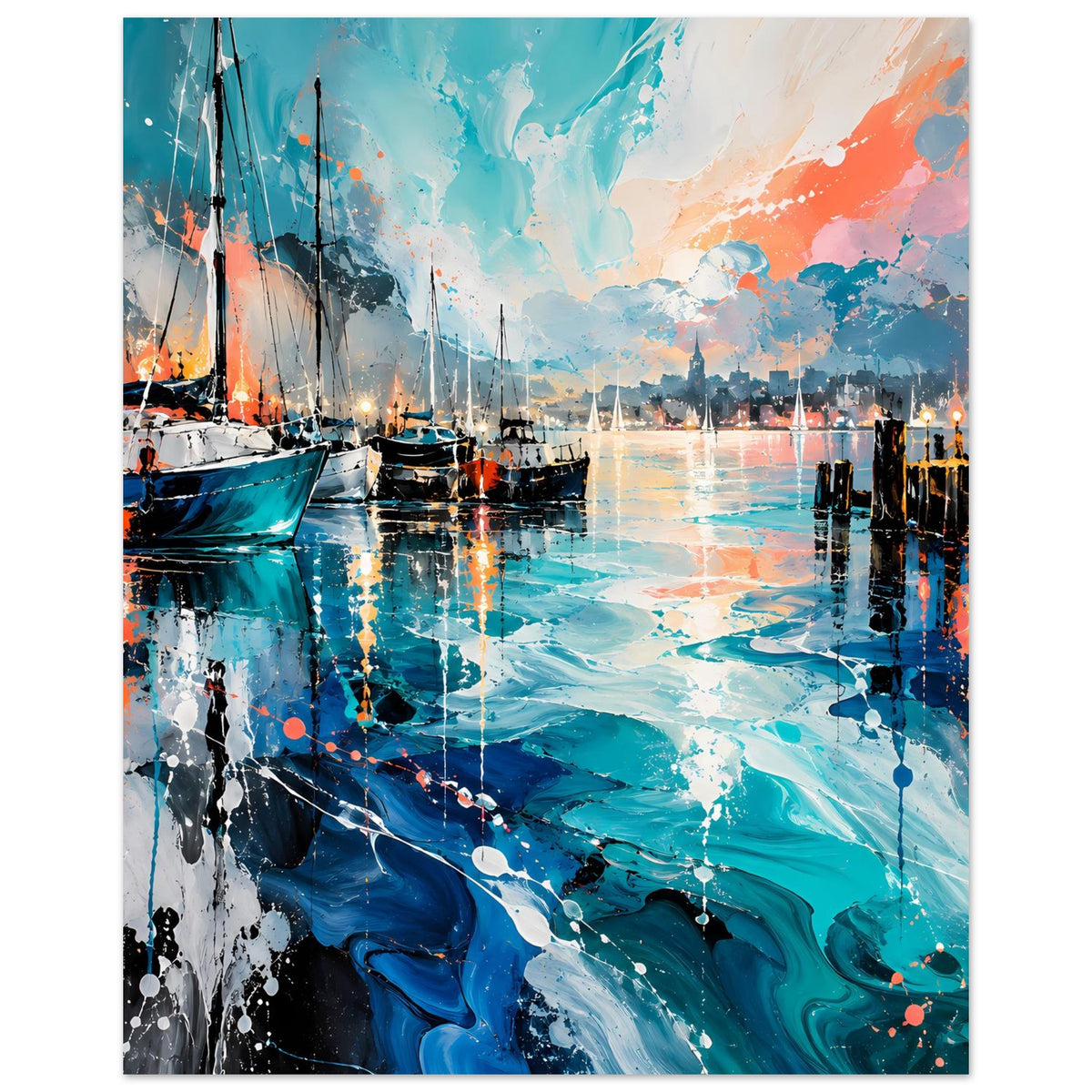 Poster mit Hafenmotiv: Segelboote und Spiegelungen in Blau, Türkis und Orange mit Spritzdekor
