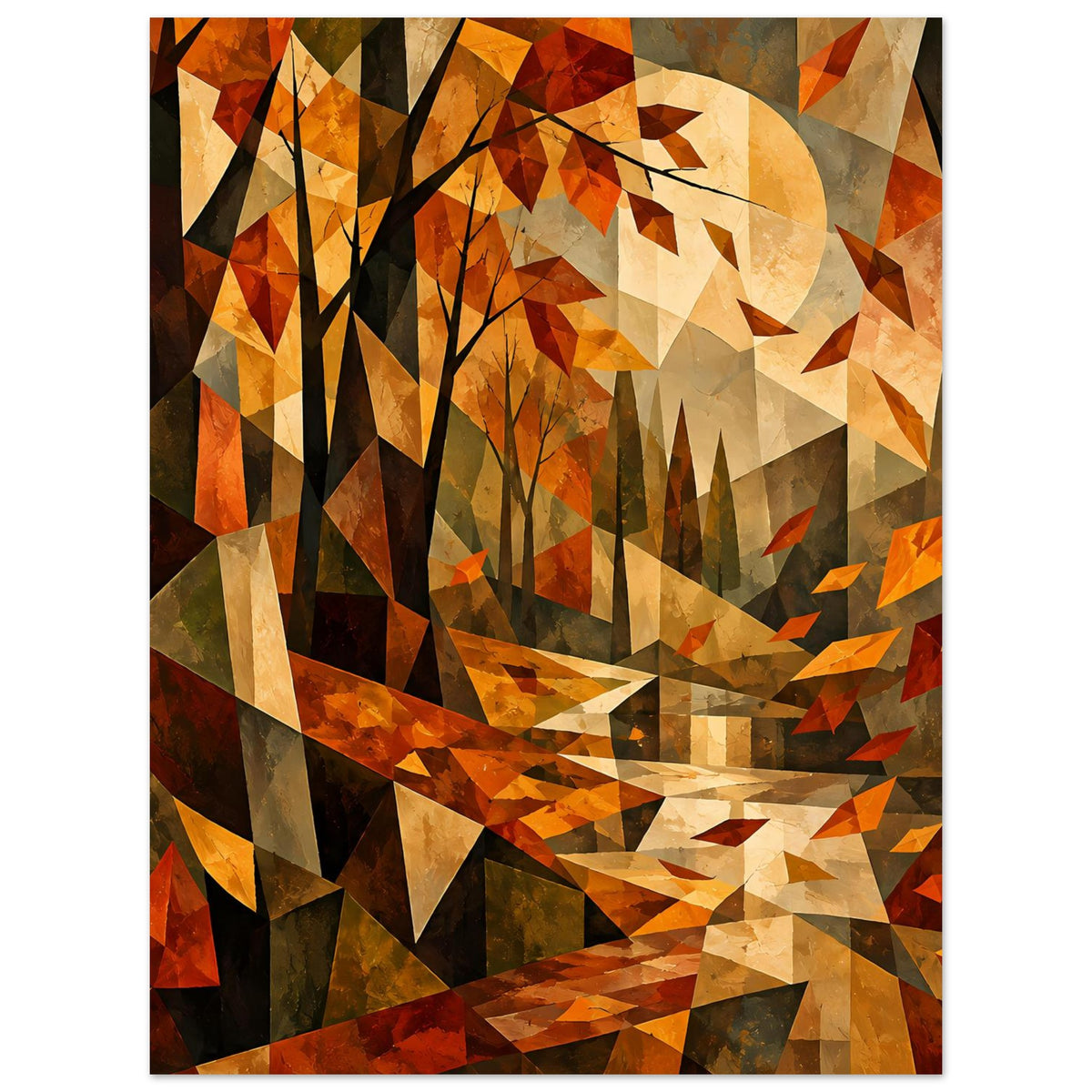 Kubistisches Herbstlandschafts-Poster: stilisierte Bäume, große helle Sonne, warme Orange-Töne