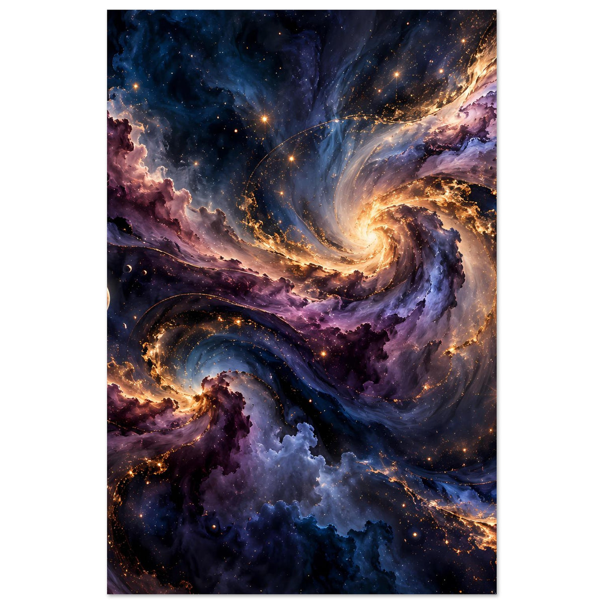 Vertikales Poster mit Spiralnebel und Sternen, violetten Wolken, leuchtendem Kern und Planet