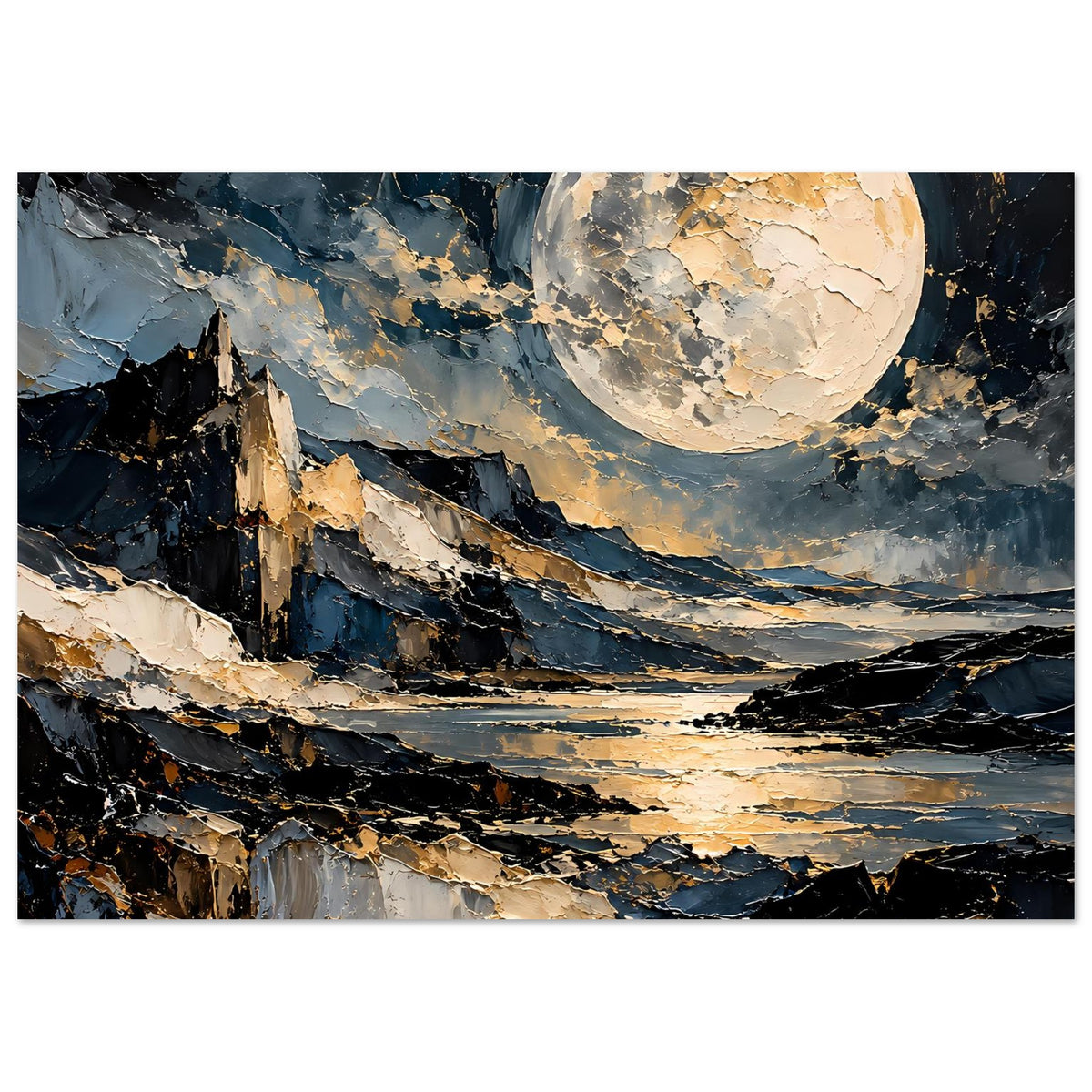 Mondschein-Poster im Querformat: goldener Vollmond über Klippen, See und Wolkenstreifen