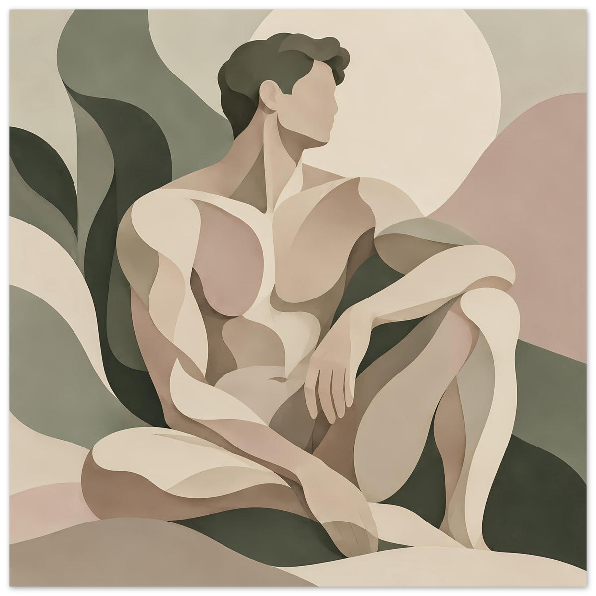 Kunstdruck Hochformat mit männlicher Figur, geschwungene Formen in Dunkelgrün und Beige