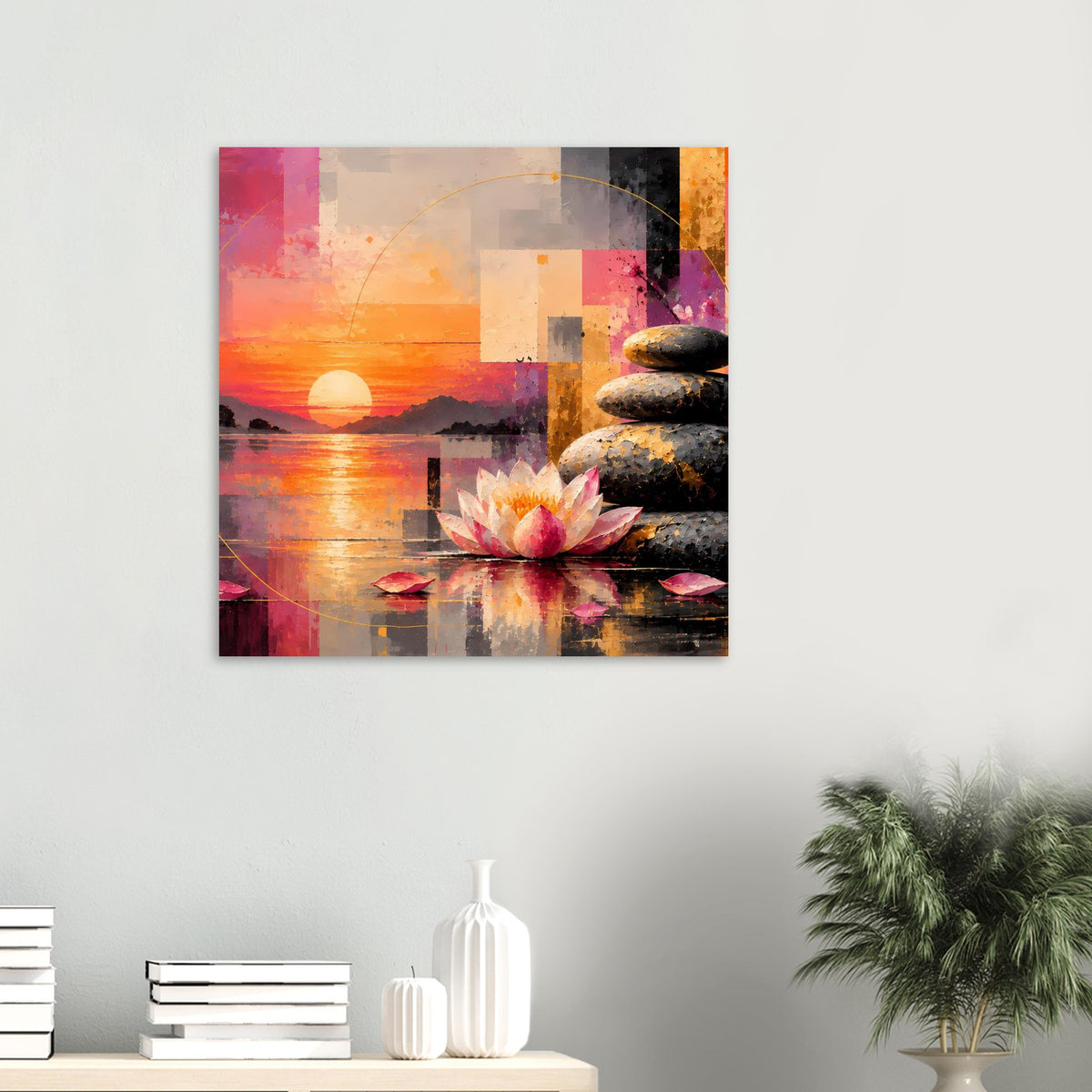 Quadratisches Poster mit Sonnenuntergang, Lotus und Steinstapel rechts, orange-violette Abstraktion