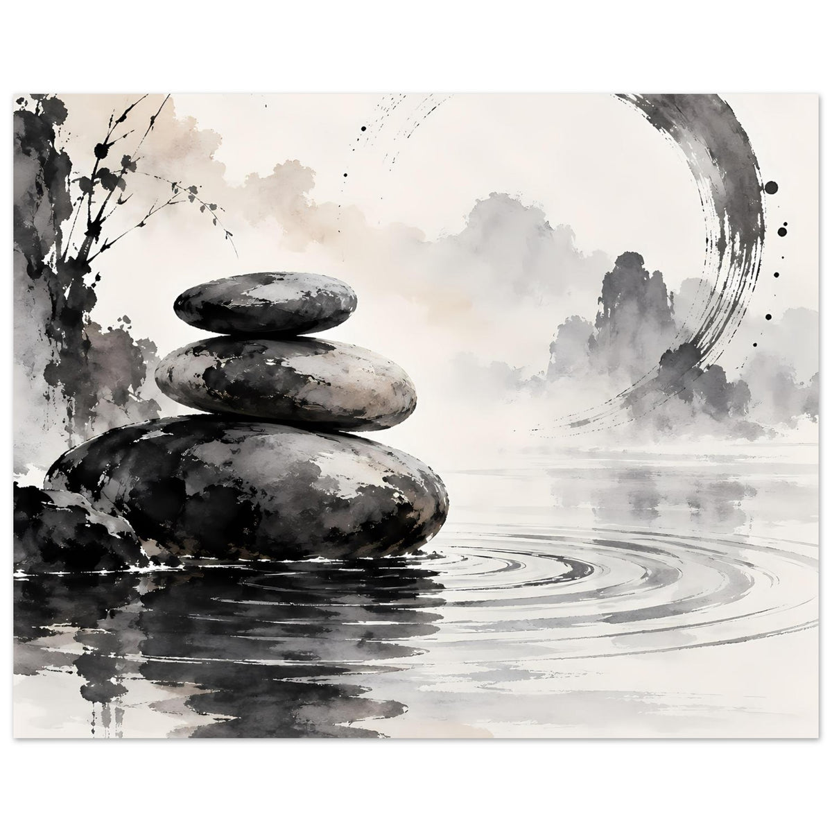 Poster in Schwarz-Weiß: drei Steine, wellige Wasserlinien, großer Kreisstrich und Wolken
