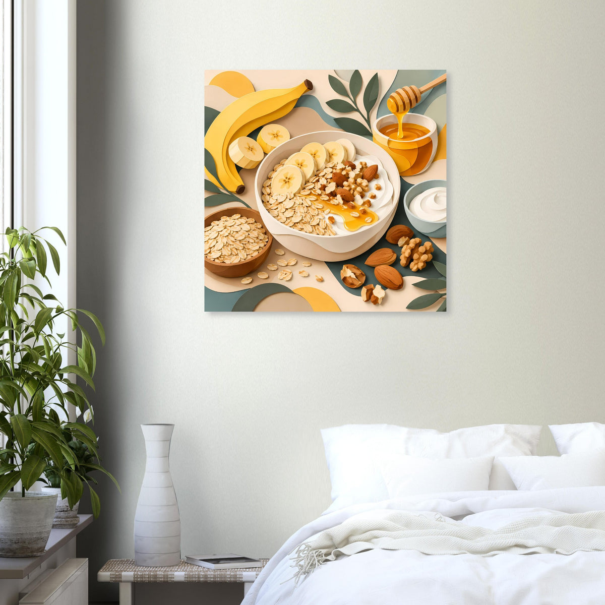 Quadratisches Poster mit Frühstücksarrangement: Schüssel, Banane, Honiglöffel und Nüsse