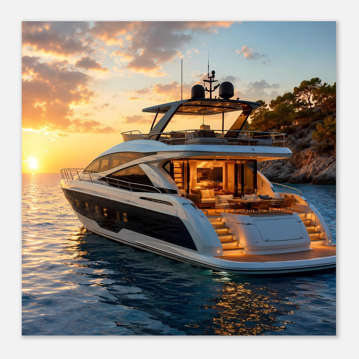 Yacht-Sonnenuntergangsposter: Motoryacht mit beleuchtetem Deck und Panoramafenstern