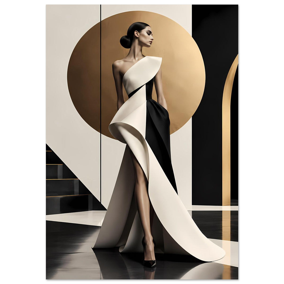 Minimalistisches Poster mit stehender Frau in Schwarz-Weiß, drapiertes weißes Kleid, schwarze Akzente
