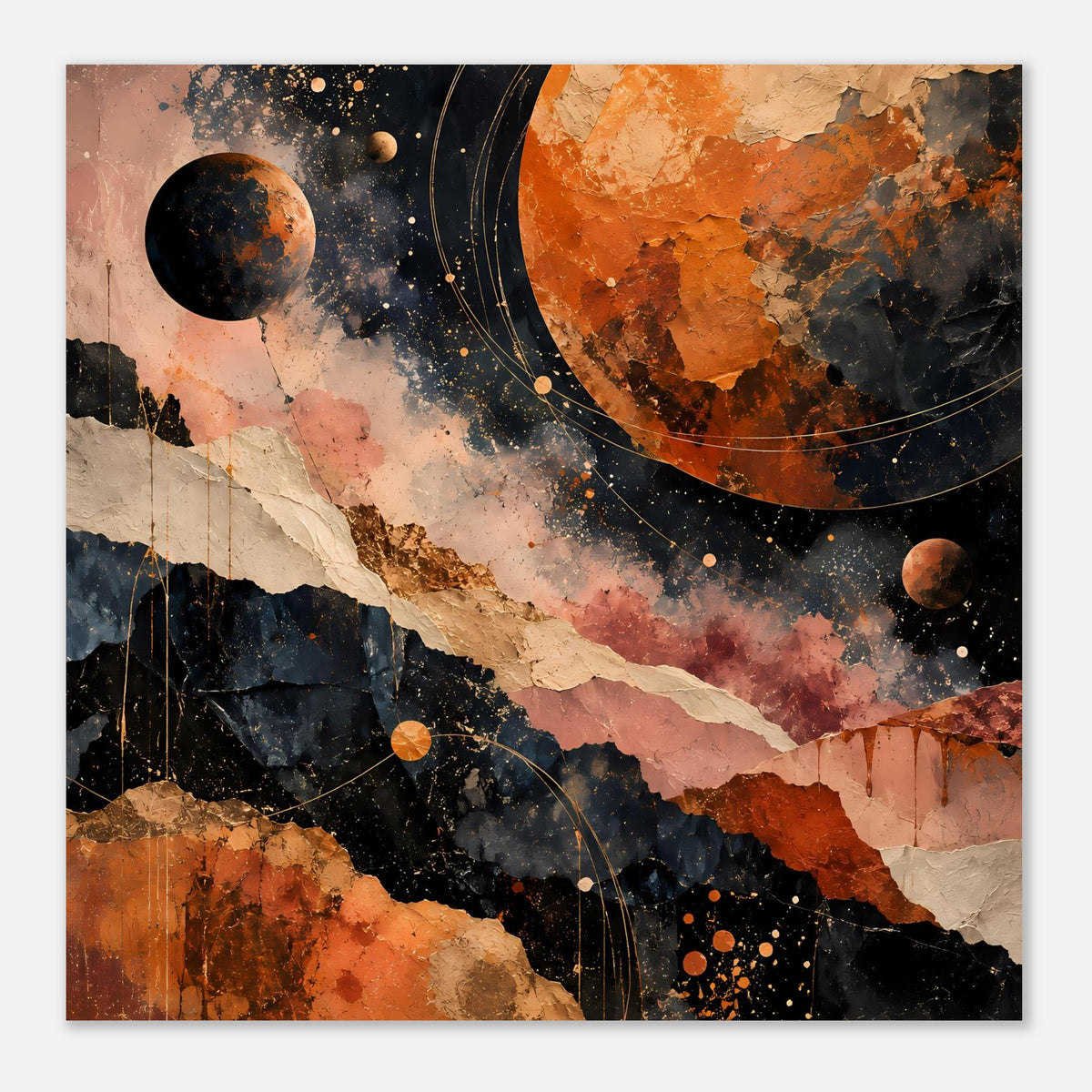 Abstraktes Weltraum-Landschaftsposter, quadratischer Ausschnitt mit Planeten und erdigen Texturen