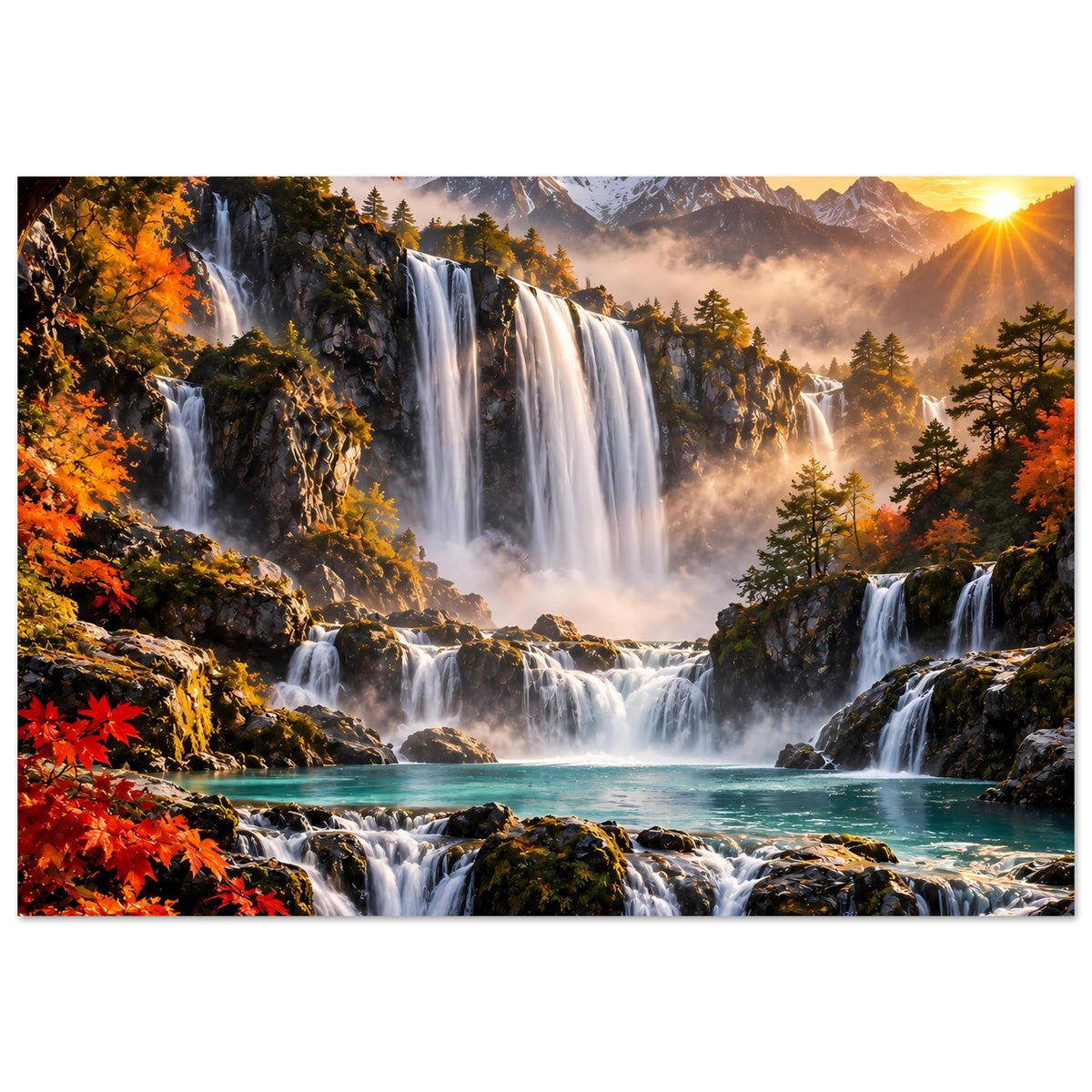 Poster mit Bergwasserfällen, türkisfarbenem Wasser, Herbstlaub und Sonne im Hintergrund