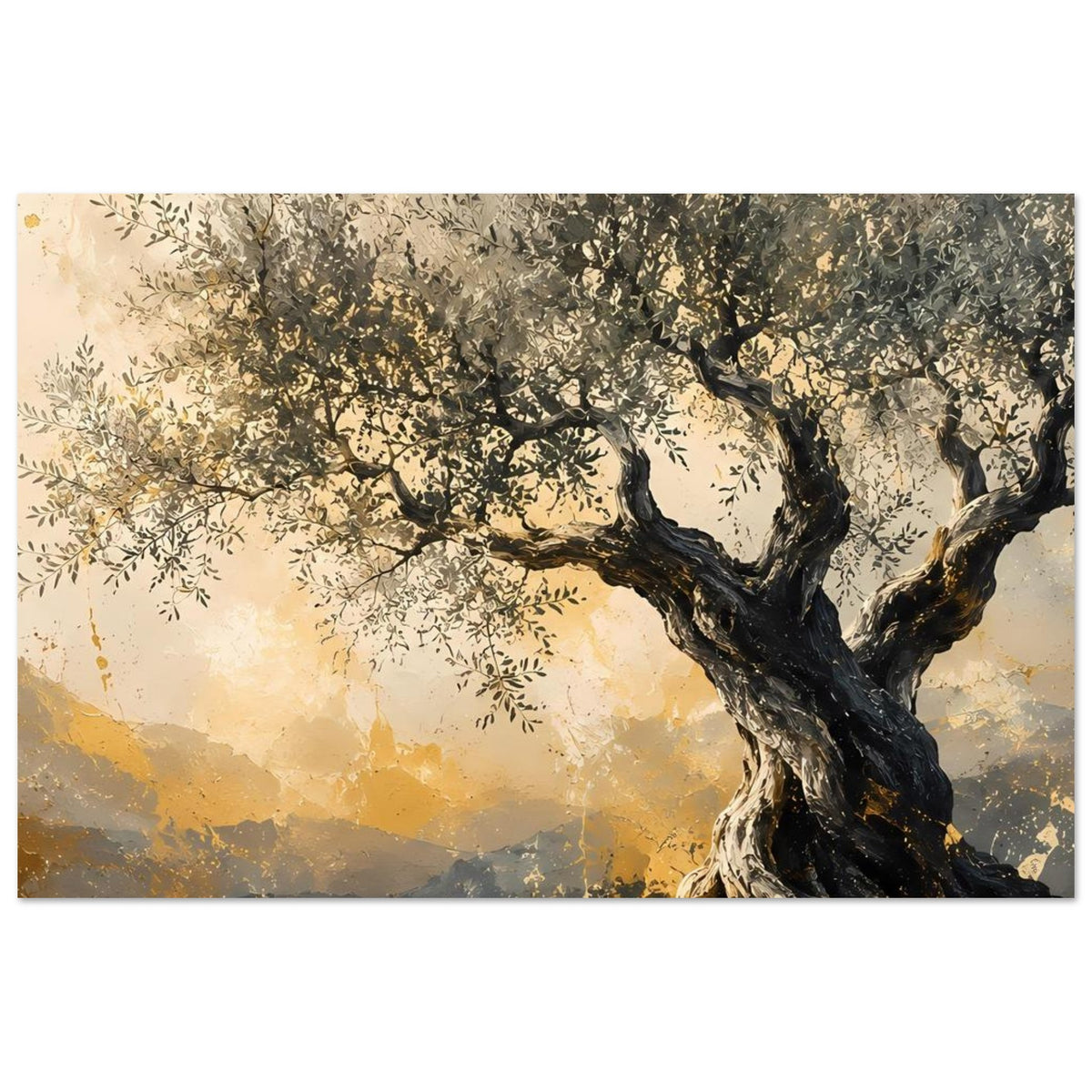 Poster im Querformat: Olivenbaum mit dunklem Stamm und graugrüner Baumkrone