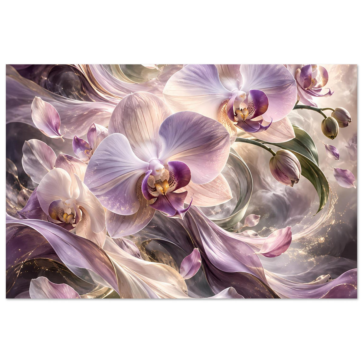 Blumenposter mit violetten Orchideenblüten, cremefarbene Blütenblätter, detailliertes Blütenbild.