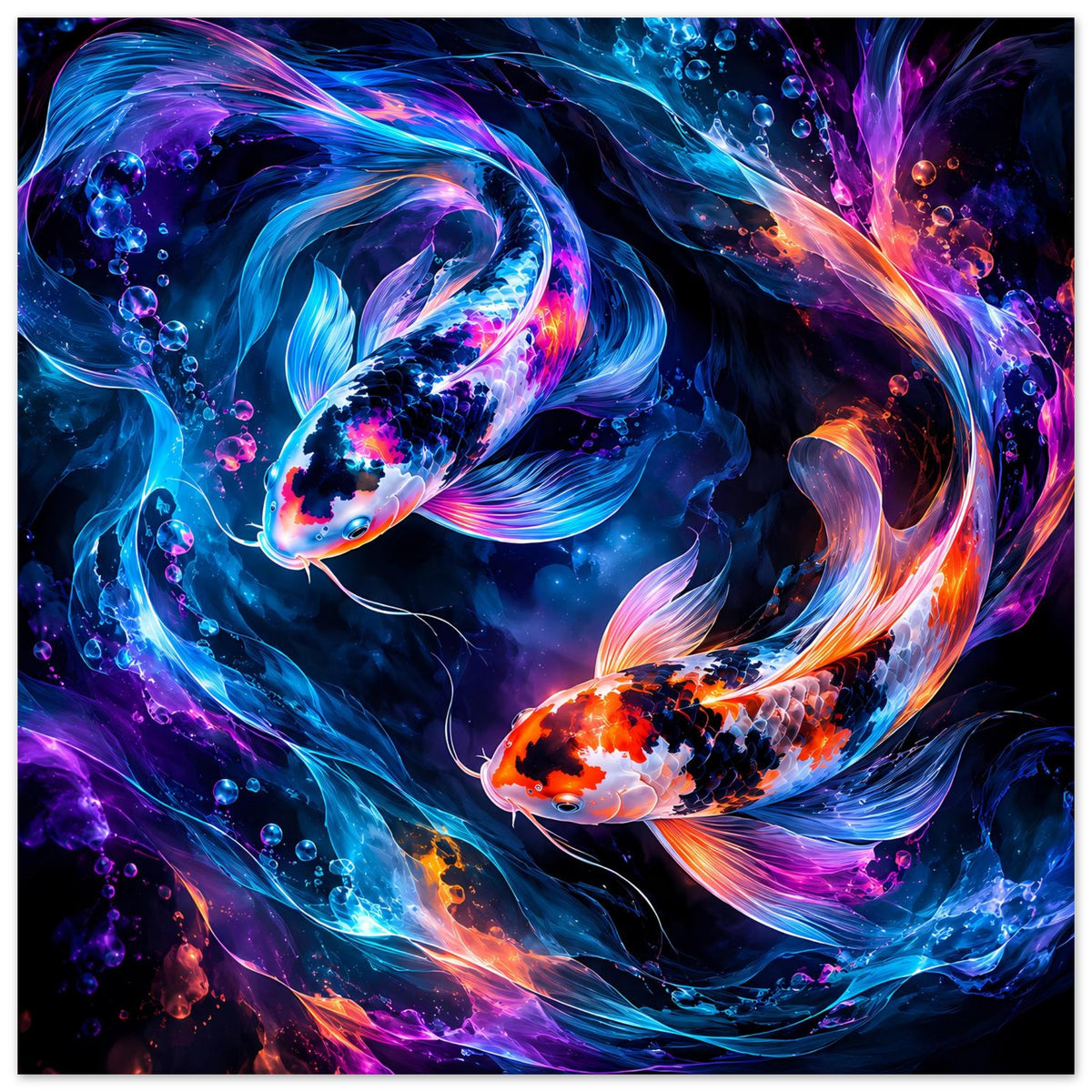Querformat-Poster: leuchtende Koi-Fische mit bunten Flossen in Blau, Lila und Orange