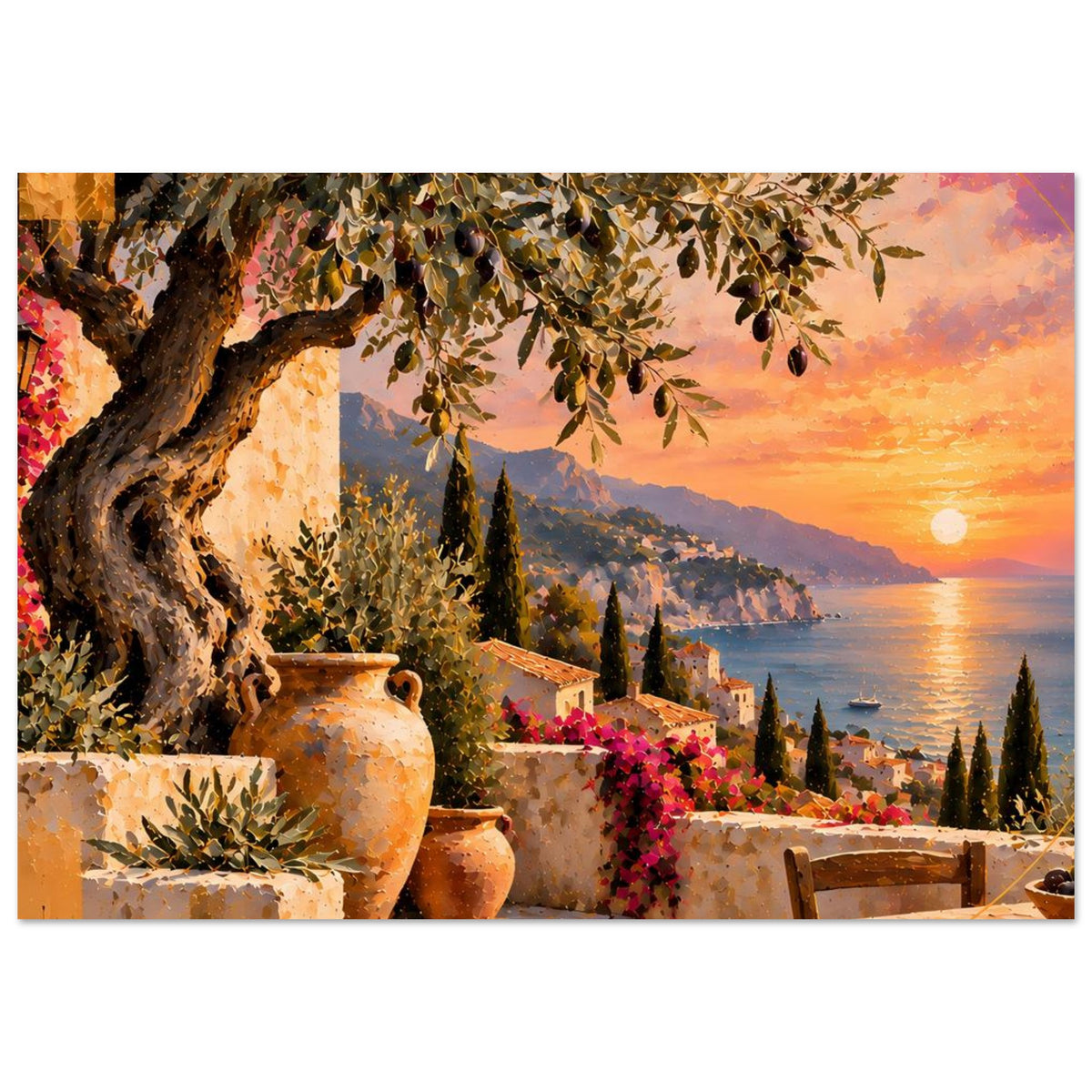 Kunstposter im Querformat: mediterrane Küste mit Meer, Sonne und Blumen