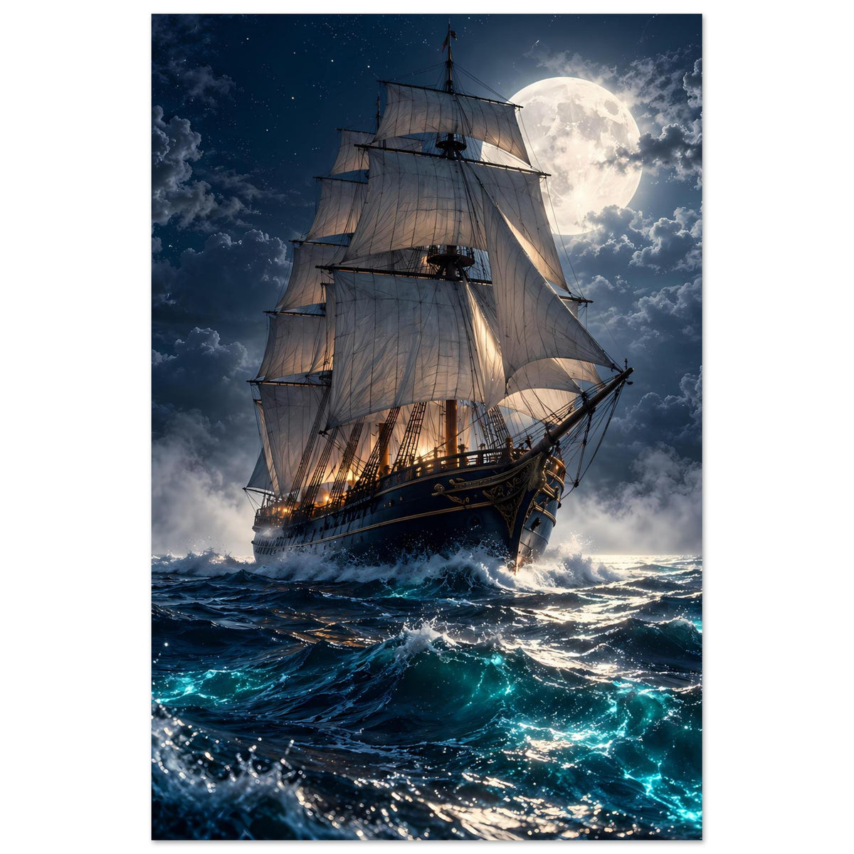 Hochformat-Poster mit Segelschiff, Vollmond am Himmel, blaugrünes Wasser mit Schaum