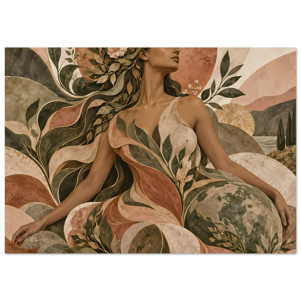 Naturverbundenes Kunst-Poster (Querformat) mit botanischer Frauengestalt in Erdtönen