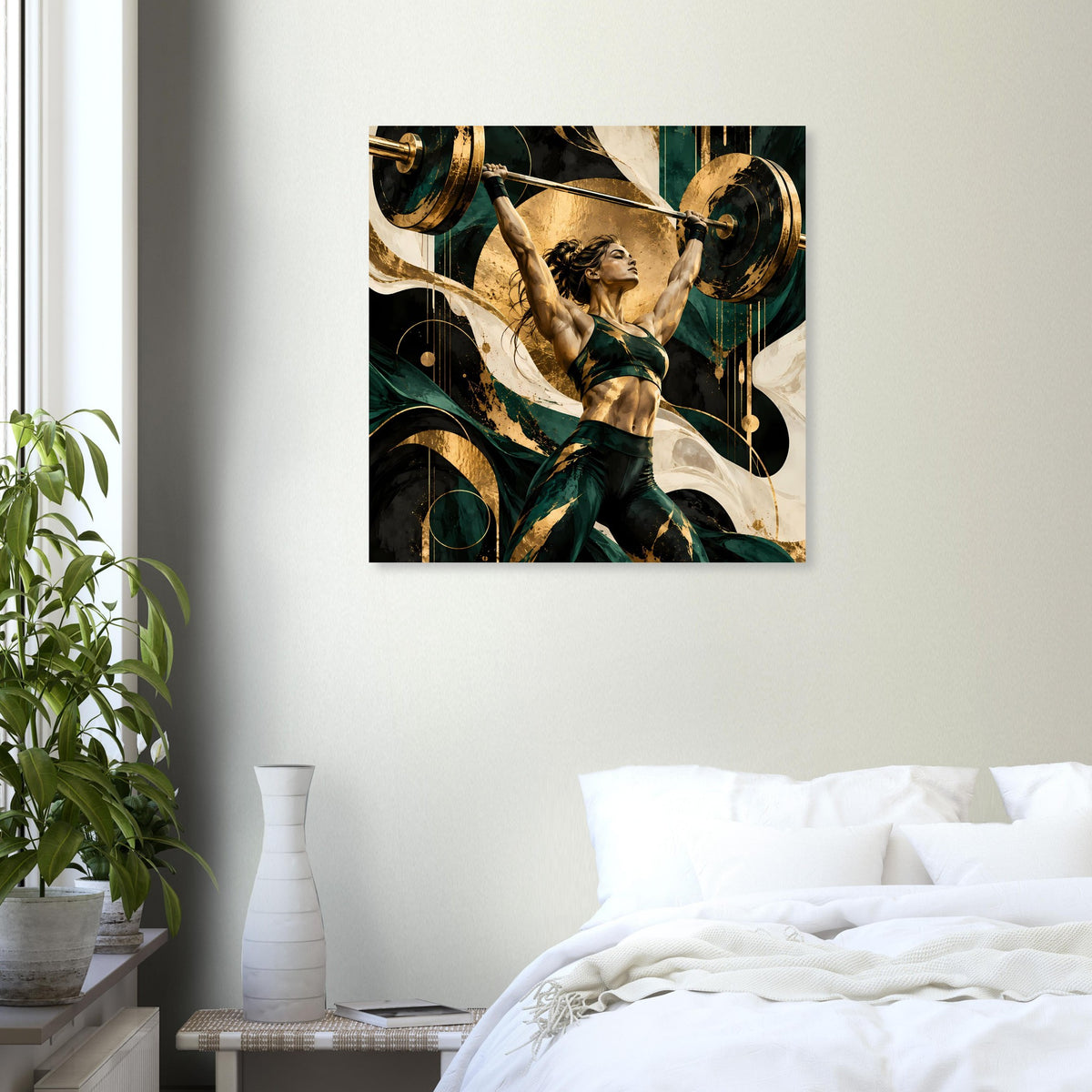Quadratisches Kunstposter mit Frau und Langhantel, goldene Kreise, tiefes Grün.