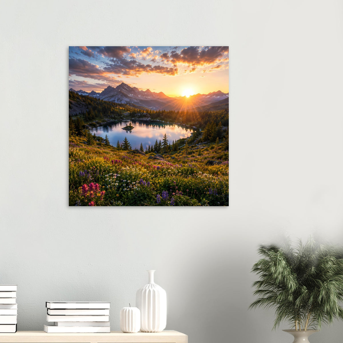 Quadratisches Poster mit Sonnenuntergang über Bergsee und blühenden Wiesen